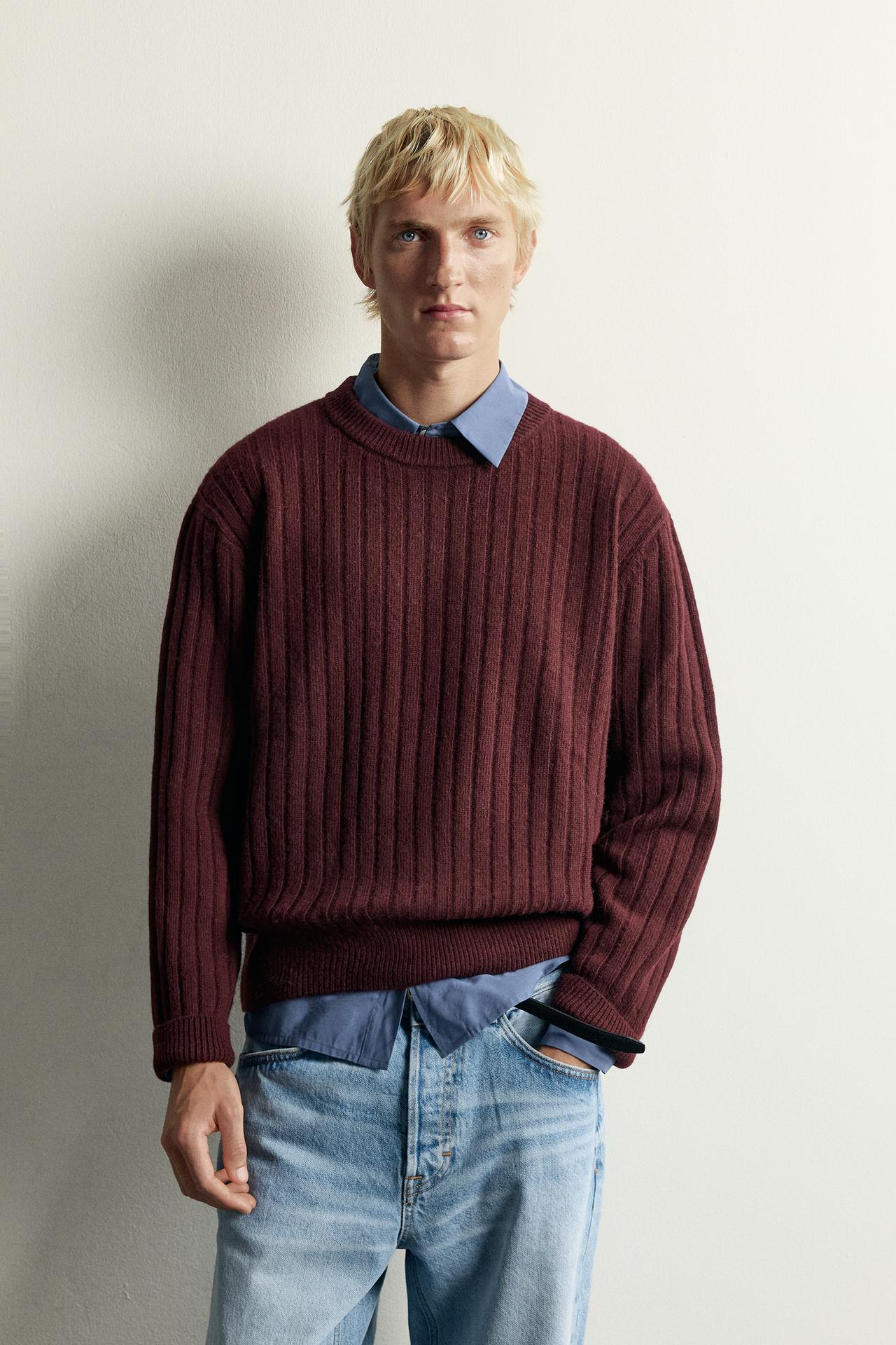 100% WOOL RIBBED SWEATER — Burgundy