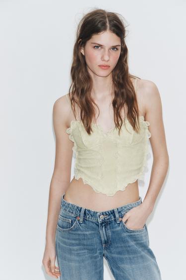 CORSETRY-INSPIRED TOP WITH LACE TRIM - Light khaki by Zara