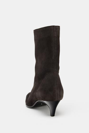 SPLIT SUEDE KITTEN HEEL ANKLE BOOTS - Chocolate Brown by Zara - Image 4