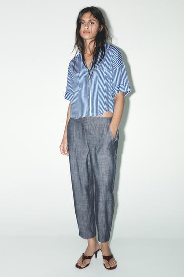 Zara STRIPED CROPPED LINEN SHIRT - Blue / White