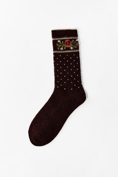 Zara JACQUARD POLKA DOT FLOWER SOCKS - Brown