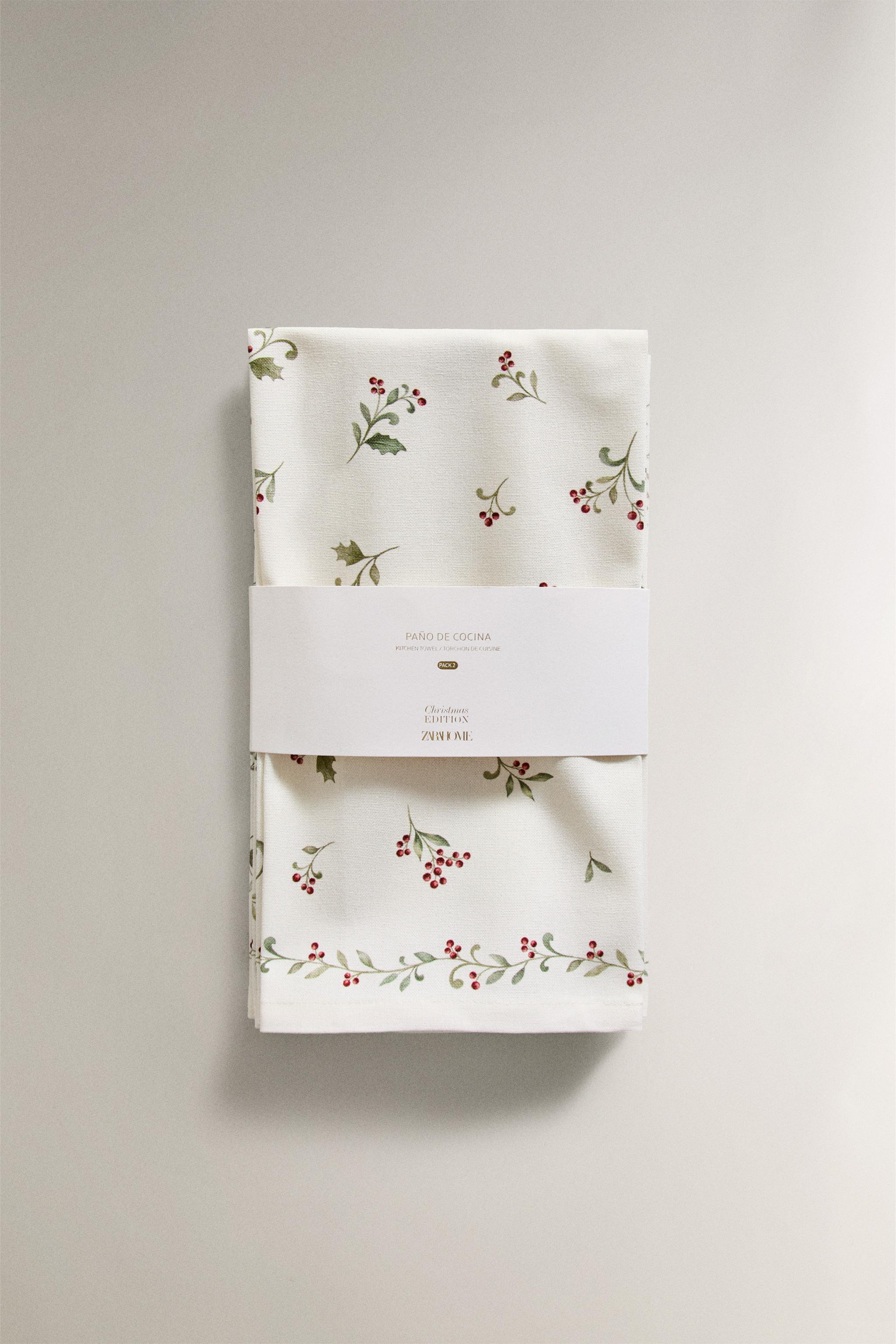 SET OF COTTON KITCHEN TOWELS WITH CHRISTMAS LEAVES PRINT (SET OF 2)