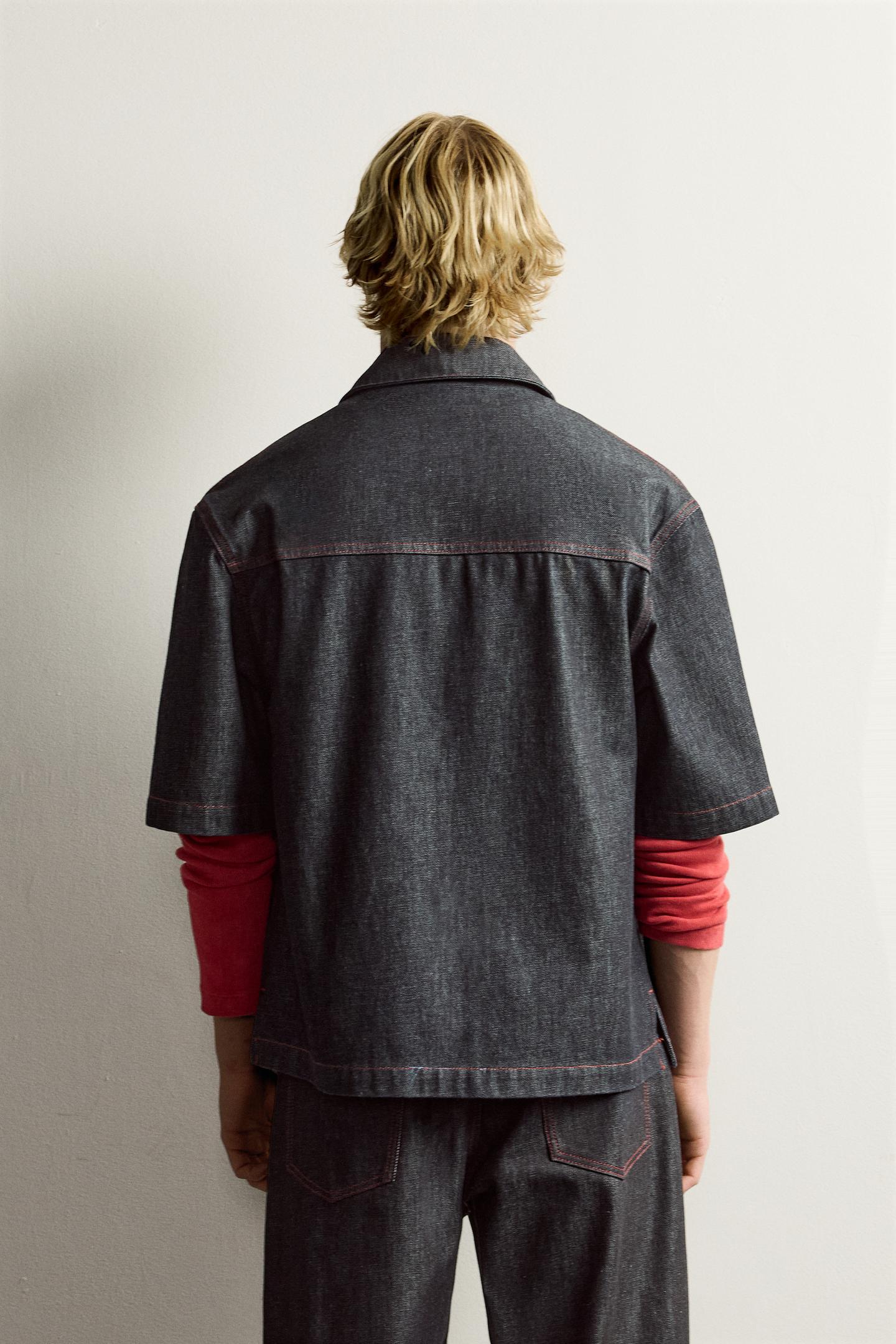 Мужская рубашка Zara Contrast Button Denim Overshirt, цвет: Индиго — фото 3