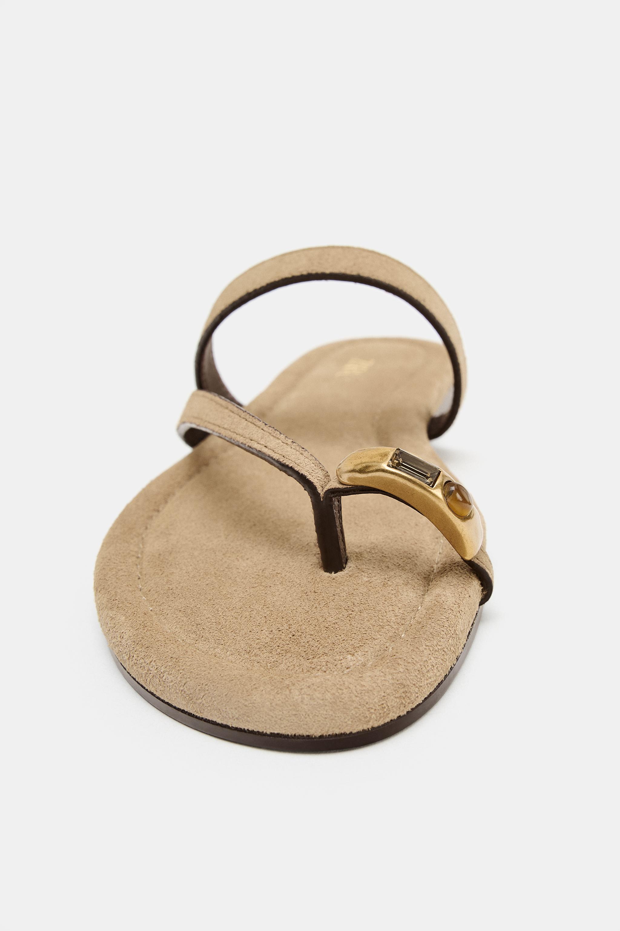 Женские сандалии Zara SUEDE FLAT SANDALS WITH APPLIQUÉ — фото 3