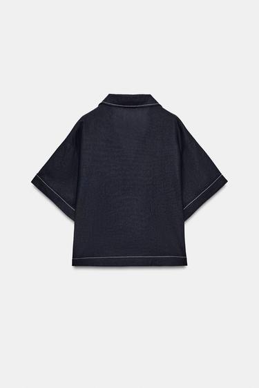 LINEN BLEND SHIRT WITH CONTRAST TOPSTITCHING - Navy blue by Zara - Image 5