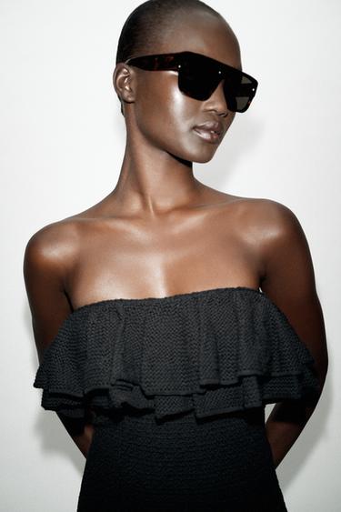 ROBE MI-LONGUE EN MAILLE À VOLANTS - Noir de Zara - Image 4