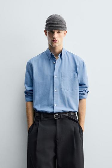 Zara TEXTURED OXFORD POCKET SHIRT - Bluish