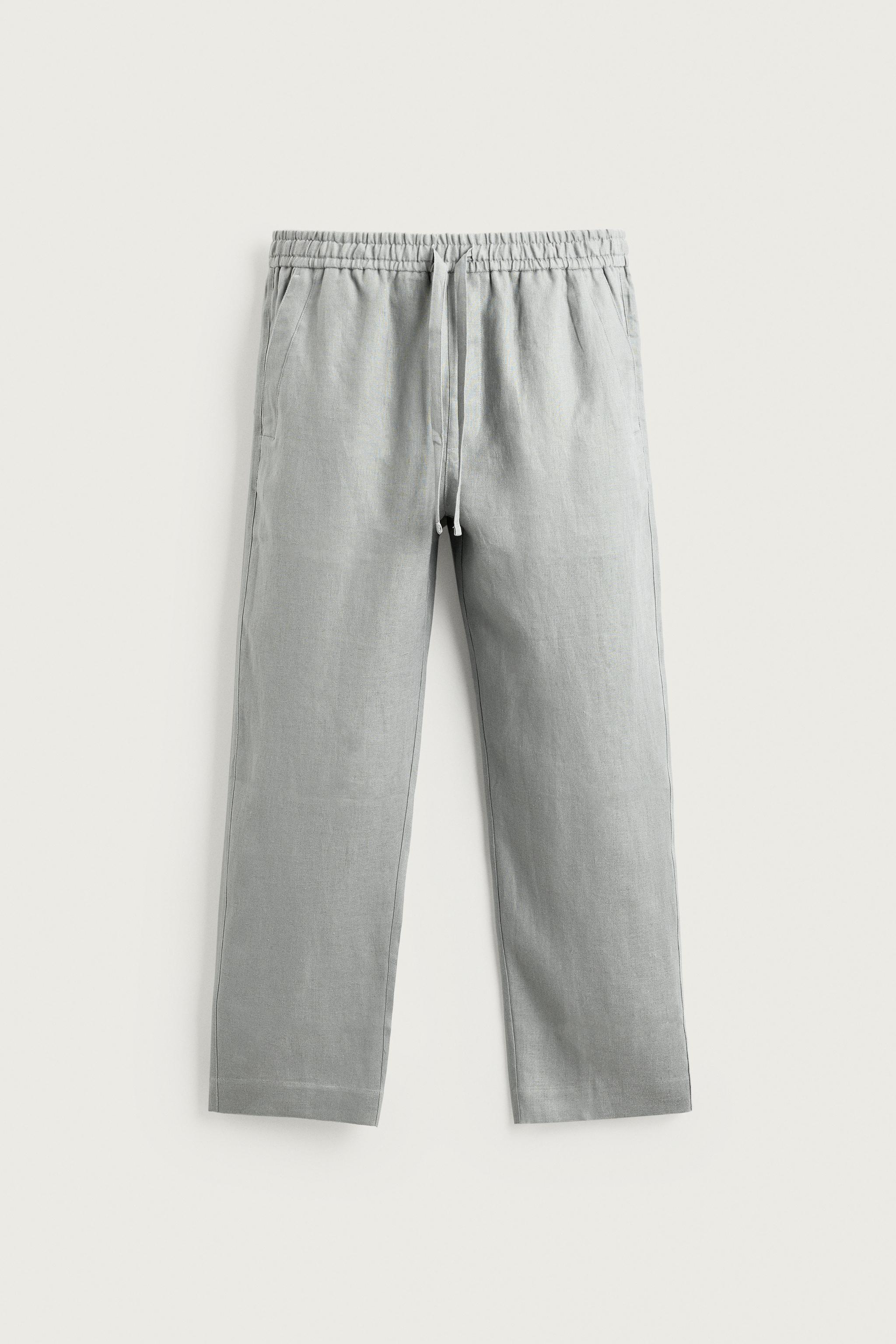 RELAXED FIT 100% LINEN PANTS — Light gray