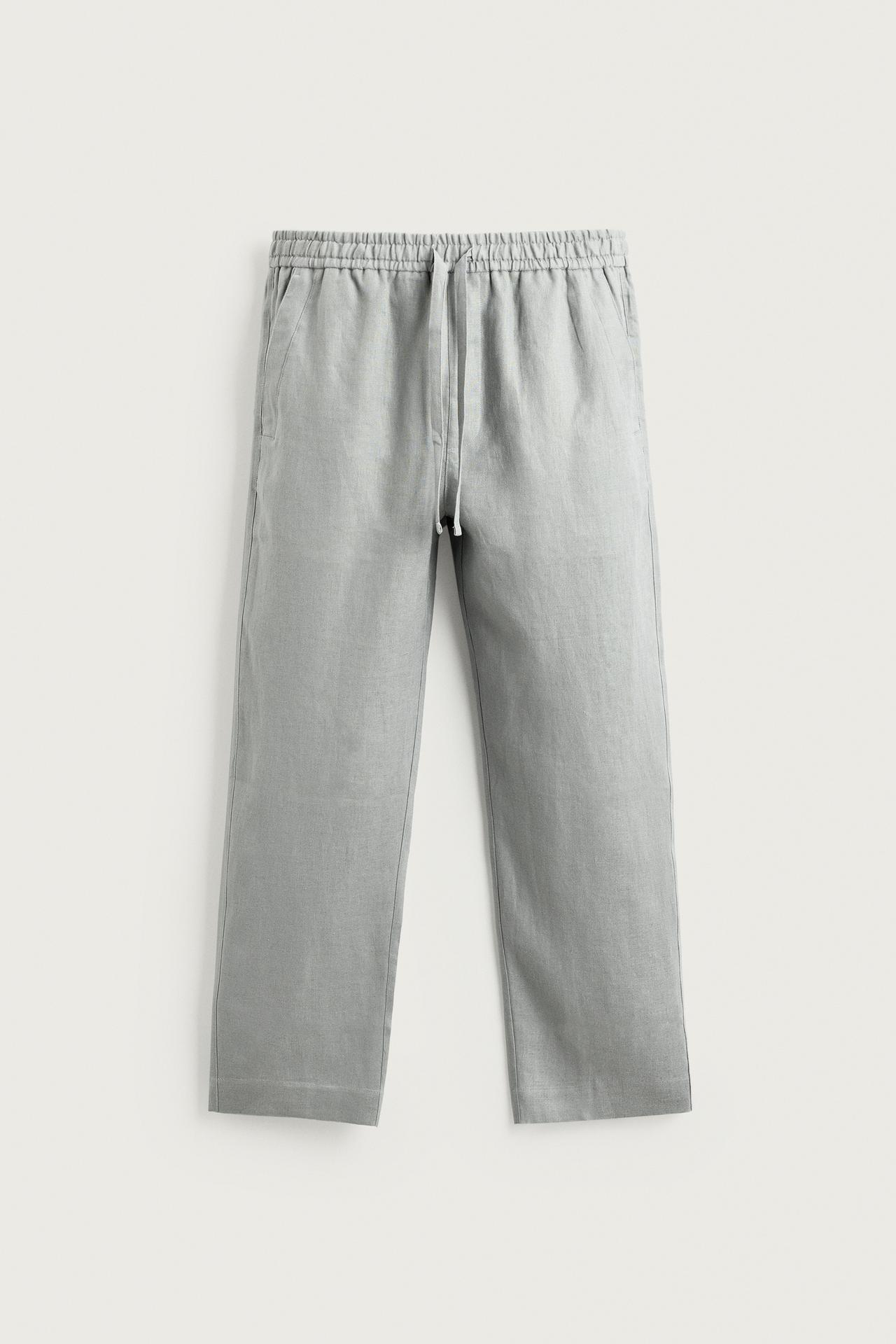 100% LINEN RELAXED FIT PANTS — Light gray