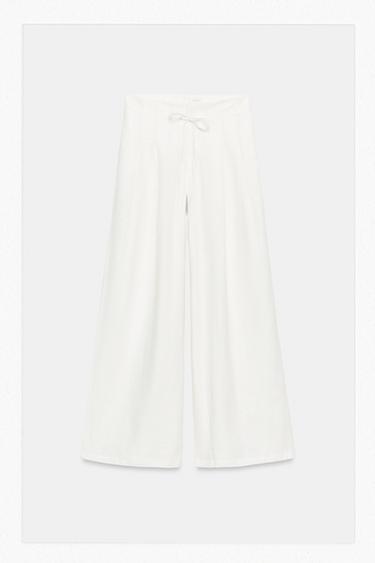 LINEN BLEND WIDE-LEG TROUSERS WITH PLEATS - Oyster-white by Zara