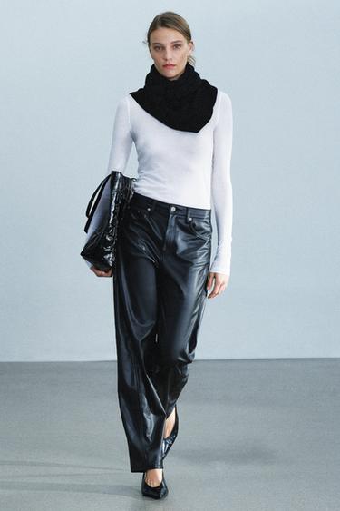 Zara ZW COLLECTION ANKLE-LENGTH RELAXED-FIT FAUX LEATHER PANTS - Black
