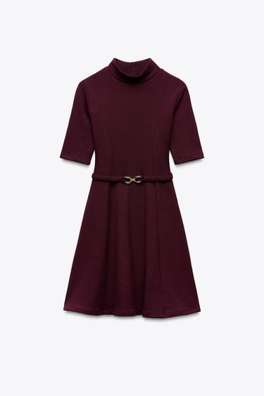 STRETCH KNIT SKATER DRESS WITH BELT - Burgundy by Zara