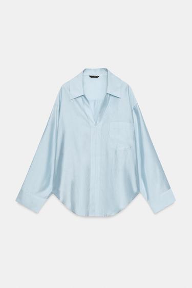 CAMISA SATINADA OVERSIZE - Celeste de Zara - Imagen 0