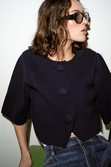 Zara CROPPED KNIT CARDIGAN - Navy blue