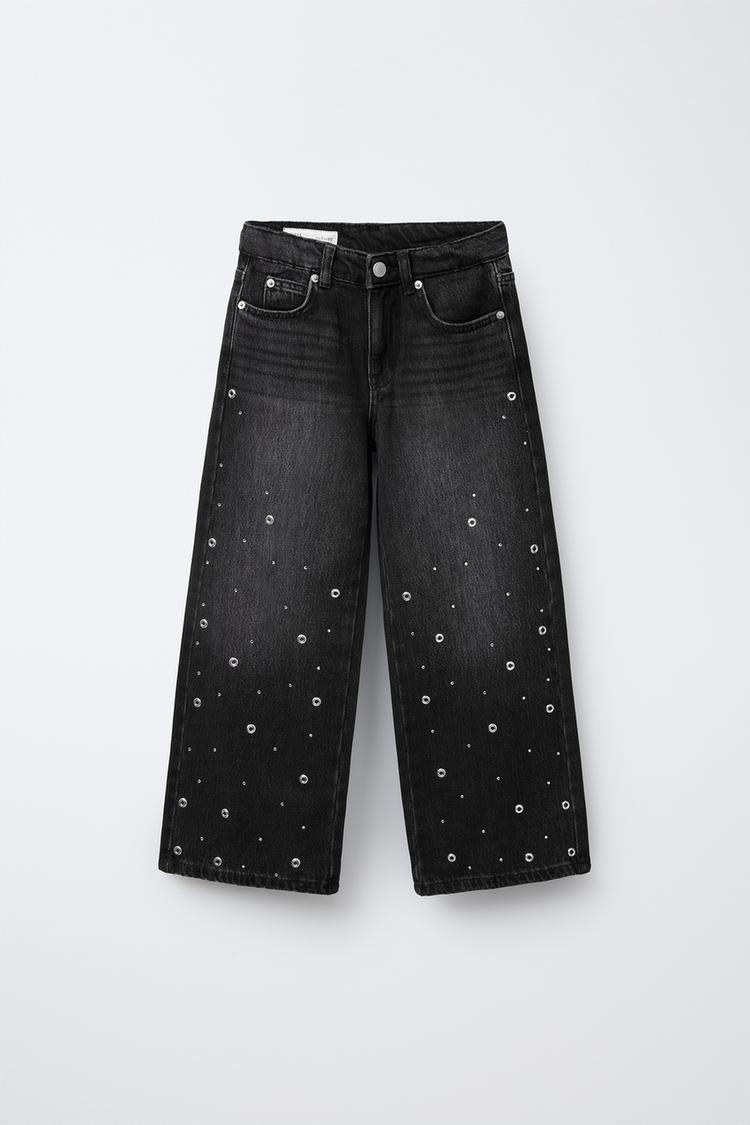 スタッズ付きワイドレッグデニムパンツ - ブラック | ZARA Japan / 日本