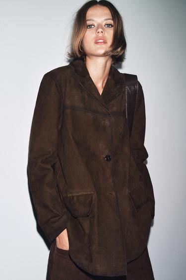 ZW COLLECTION LIMITED EDITION 100% SUEDE LEATHER BLAZER - Chocolate by Zara