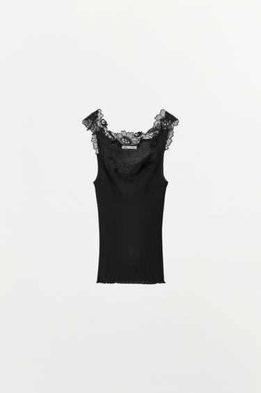 Zaras STICKAD RIB TOPP MED SPETS - Svart