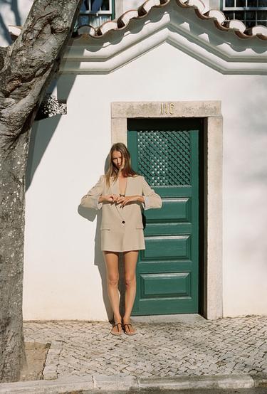 Zara LINEN BLAZER WITH ROLLED SLEEVES - Light beige