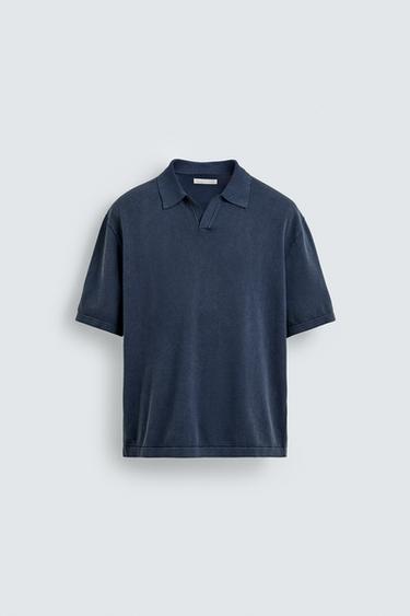 ウォッシュドニットポロブルーZaraのウォッシュドニットポロ - ブルー