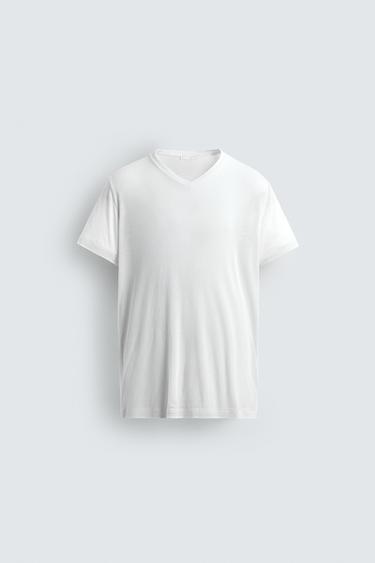 VISCOSE TEXTURED V-NECK T-SHIRT - White by Zara