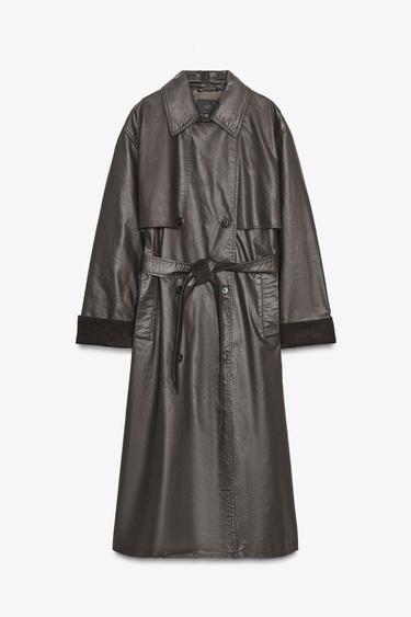 LONG WAXED TRENCH COAT WITH CORDUROY CUFFS - Dark brown by Zara