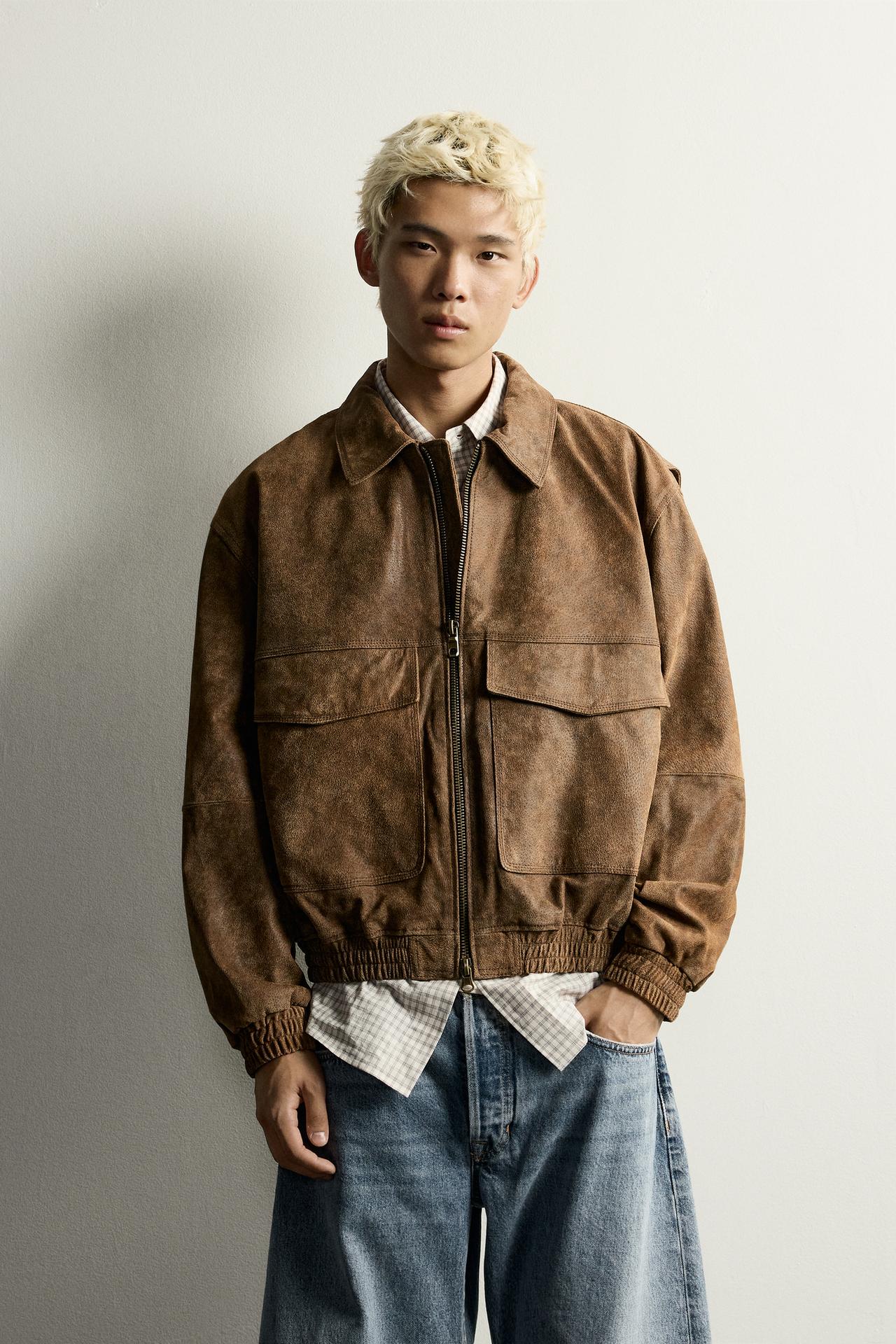 WASHED LEATHER CROPPED JACKET — Brown