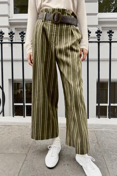 Zara STRIPED BELTED TROUSERS - Ecru / Green