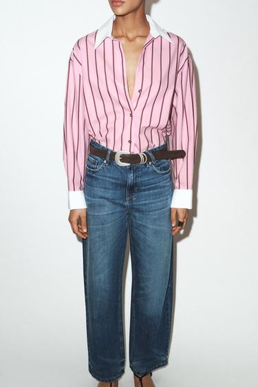 OVERSIZE STRIPED SHIRT WITH CONTRAST CUFFS - Pink / White by Zara