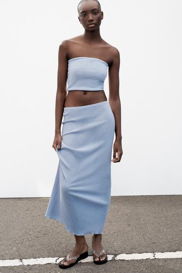 CHÂN VÁY MIDI VẢI SẦN - Màu xanh nhạt từ Zara