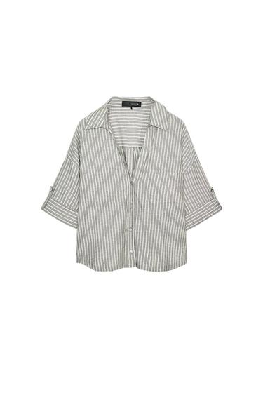 CAMISA ÀS RISCAS COM LINHO - Caqui da Zara