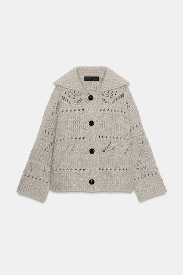 Zara POINTELLE CHUNKY KNIT CARDIGAN - Beige