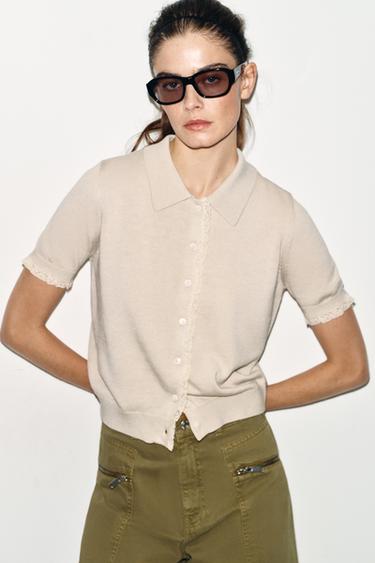 SHORT SLEEVE LACE KNIT CARDIGAN - stone by Zara
