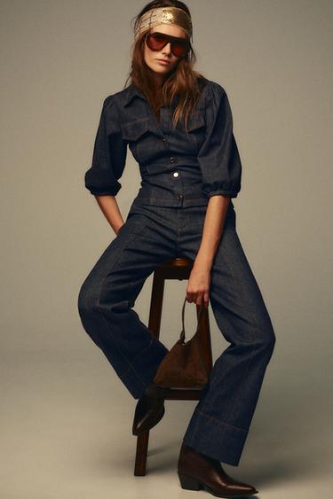 Zara Z1975 FITTED DENIM PUFF SLEEVE SHIRT - Blue