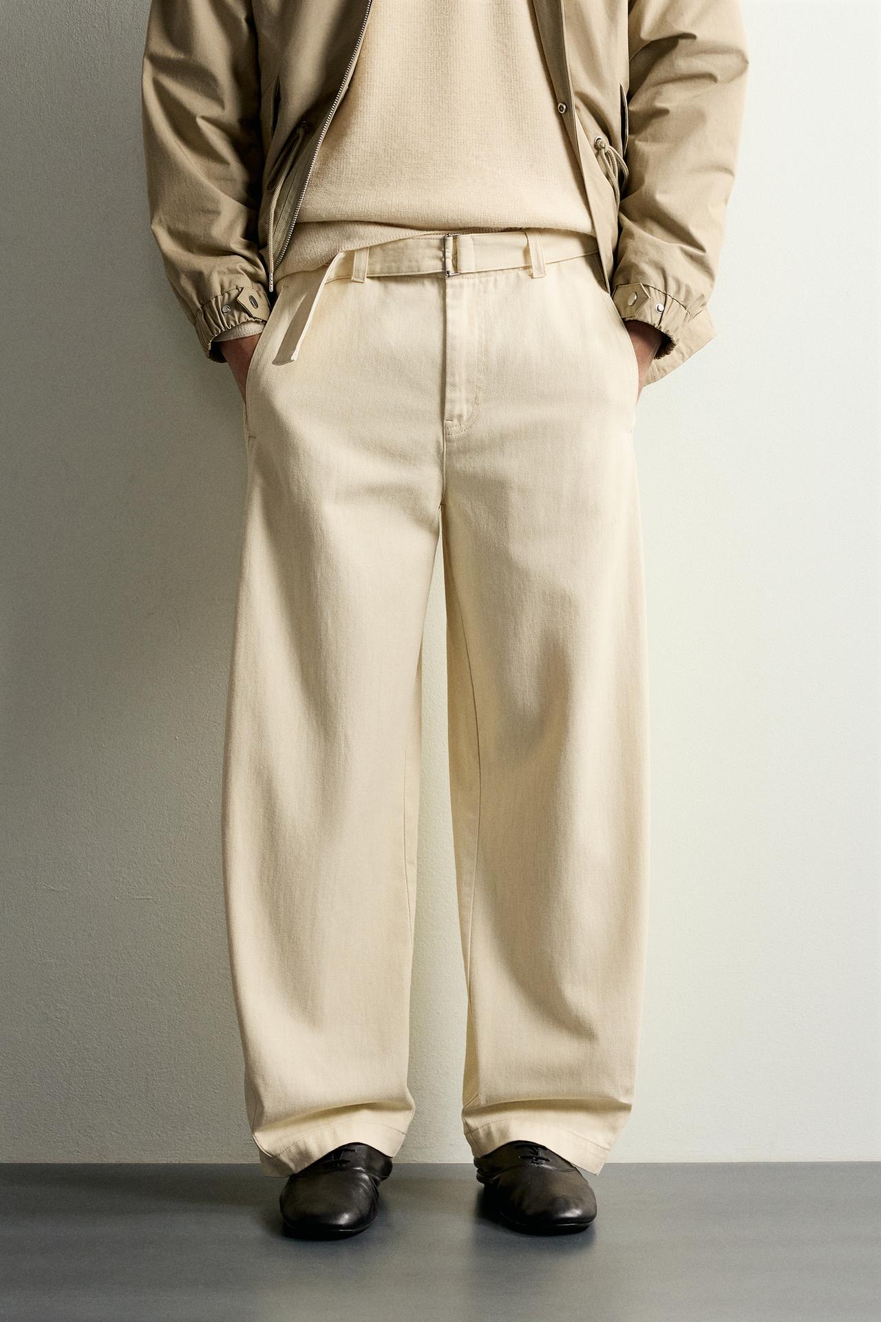 BELTED RELAXED FIT PANTS — Ecru