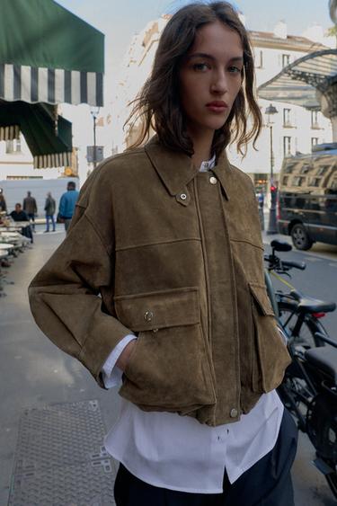 100% LEATHER BOMBER JACKET - Khaki by Zara