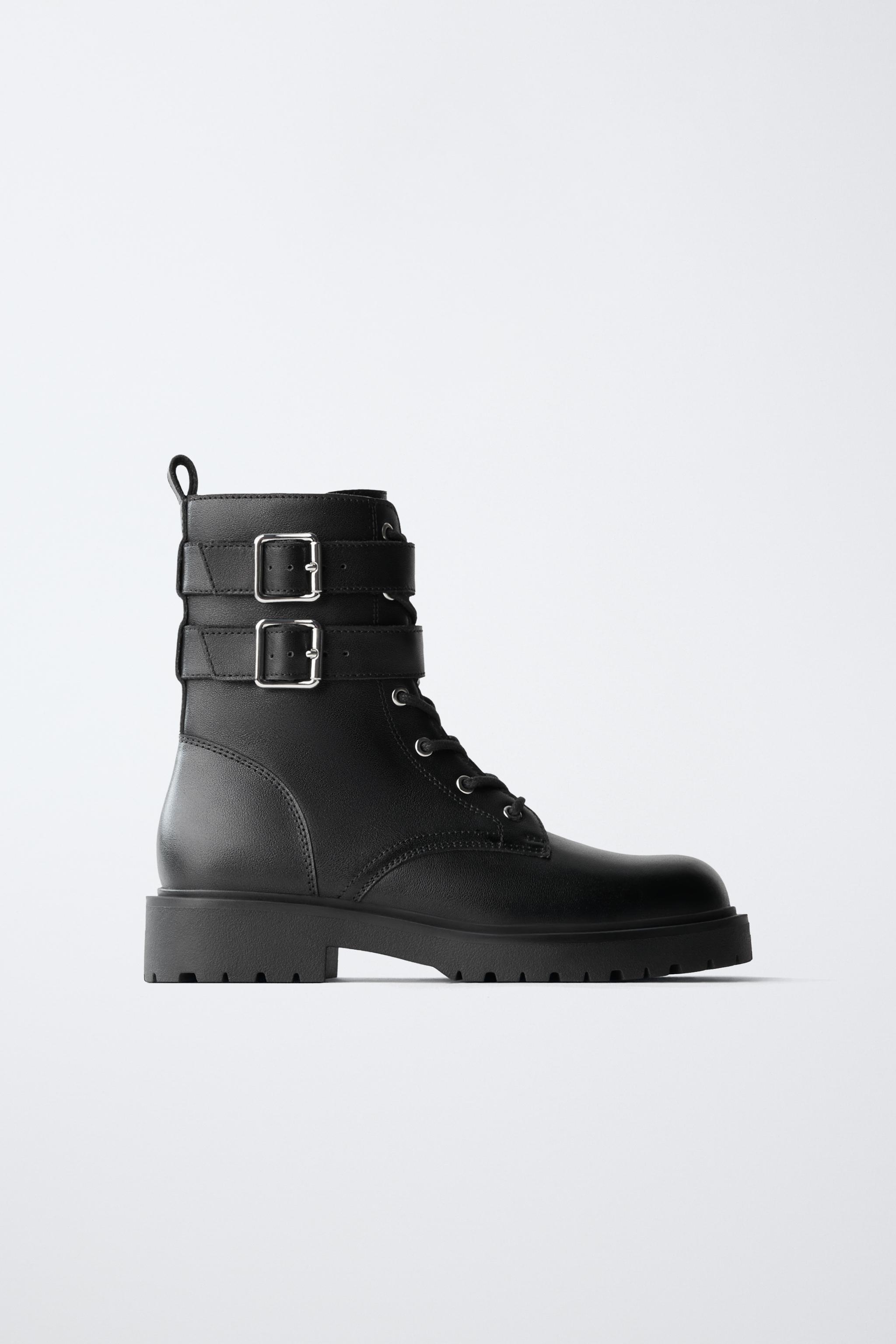 LEATHER DOUBLE-BUCKLE BOOTS — Black