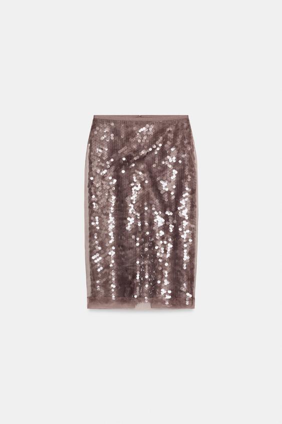 FALDA MIDI LENTEJUELAS ZW COLLECTION - Marrón / Topo de Zara - Imagen 0