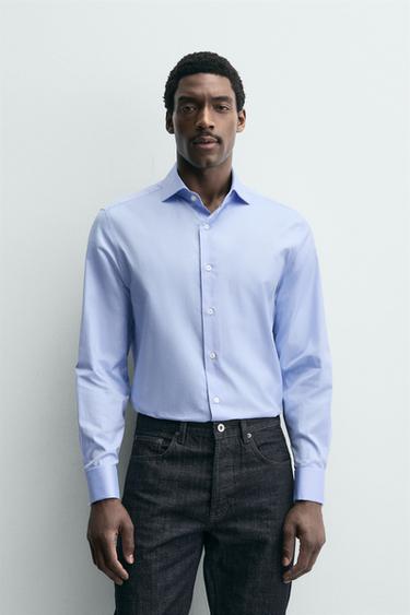 Zara TEXTURED FRENCH CUFF SHIRT - Sky blue
