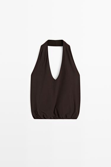 Zara Cotton halter top with elasticated hem - Brown - Image 0