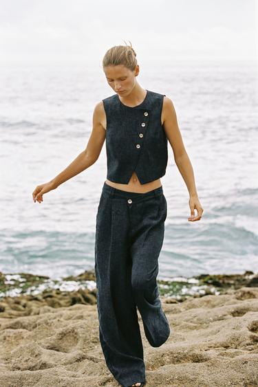Zara HLAČE PREKLOPNOG STRUKA OD 100% LANA – indigo