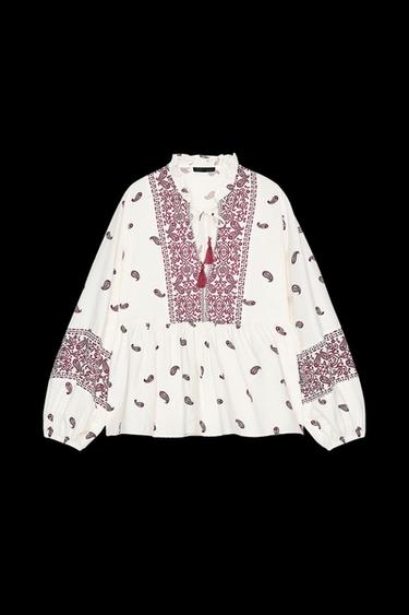 TASSELLED PRINT BLOUSE - bordeaux/ecru by Zara - Image 0