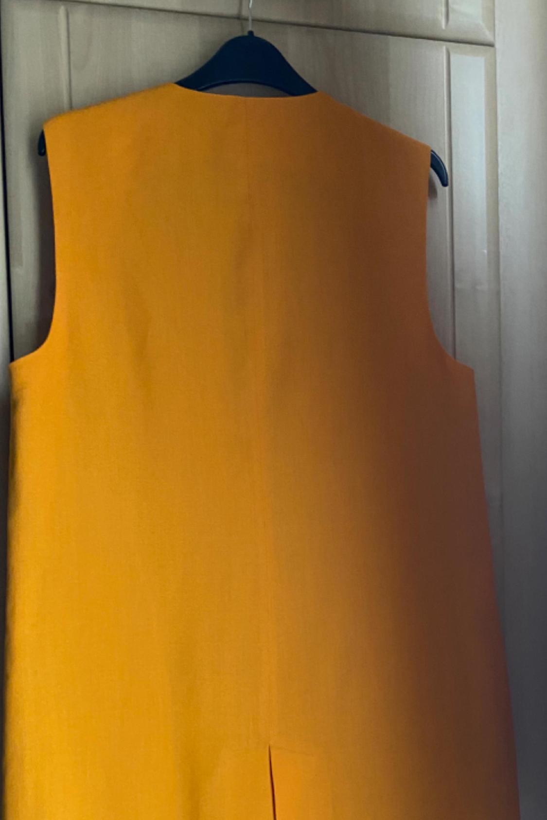 Rear view of a sleeveless orange dress hanging on a hanger.