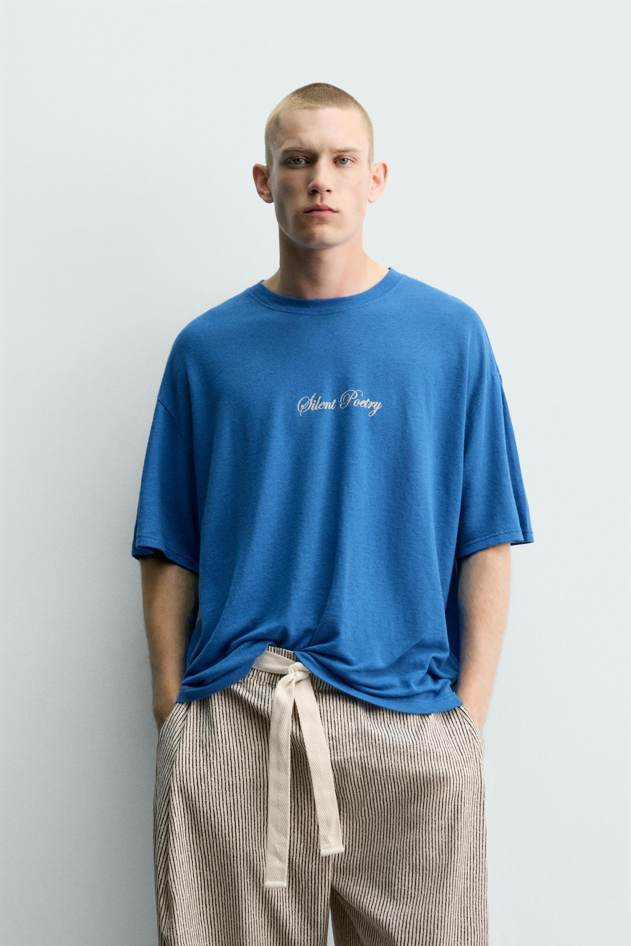 リネン混紡テキストプリントTシャツ - 濃青 | ZARA Japan / 日本
