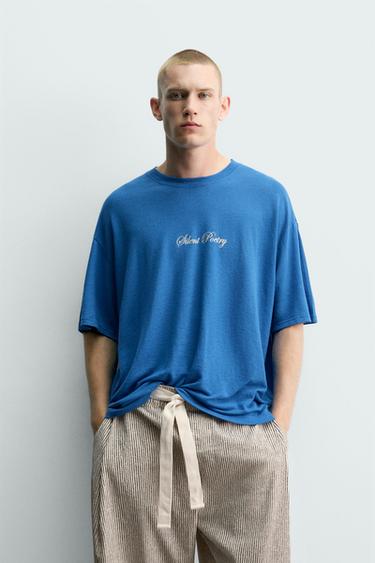 LINEN BLEND PRINTED TEXT T-SHIRT - Bluish by Zara