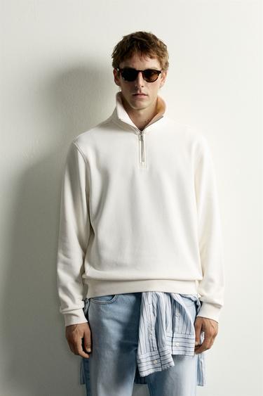 MOLETOM BÁSICO COM ZÍPER NA GOLA - Branco-marfim da Zara