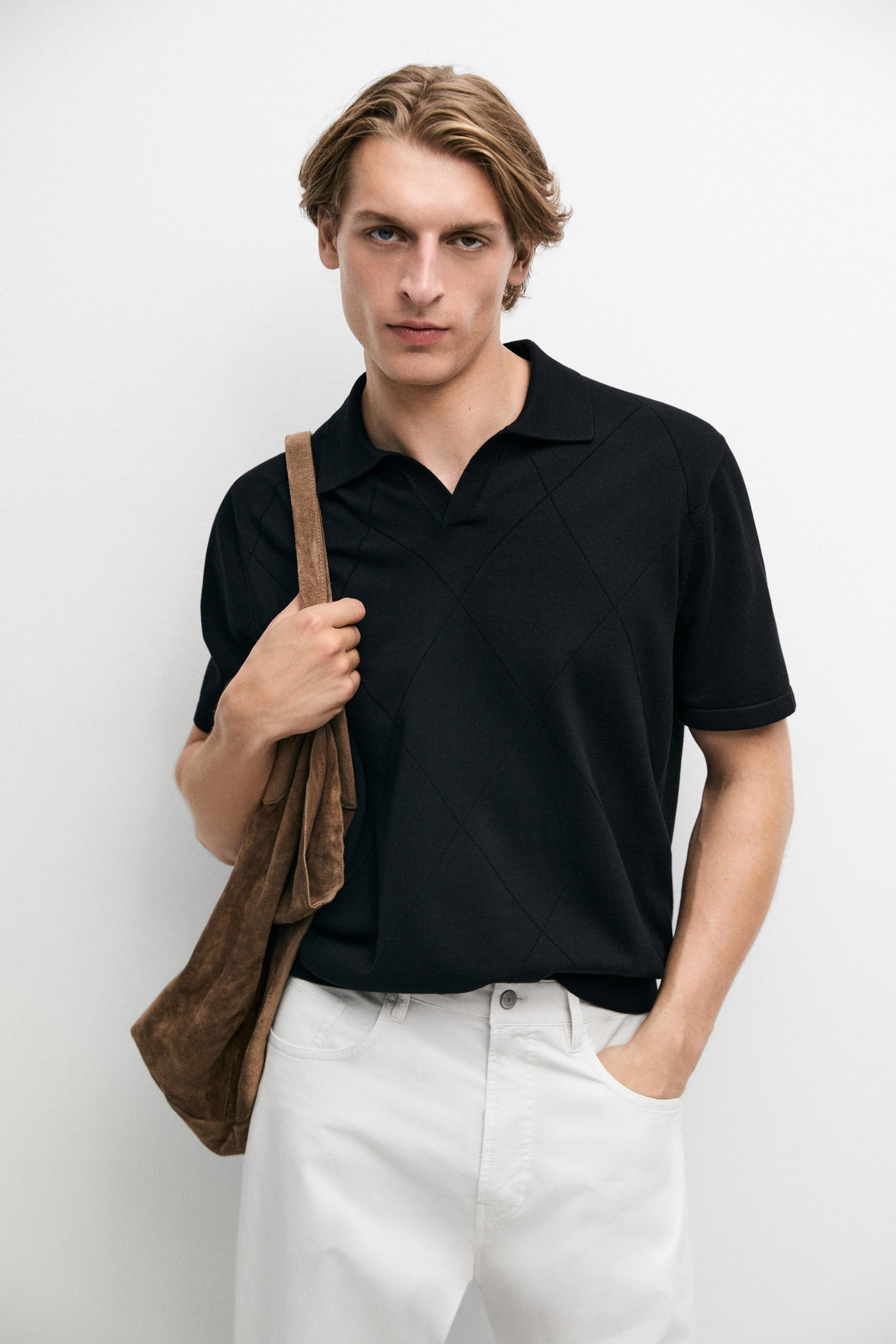 100% cotton intarsia knit polo shirt — Navy blue