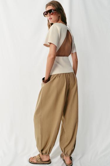 Zara SHORT SLEEVE CUT OUT TOP - Ecru