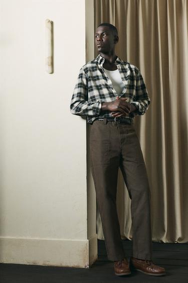 Zara WASHED STRAIGHT FIT PANTS - Brown