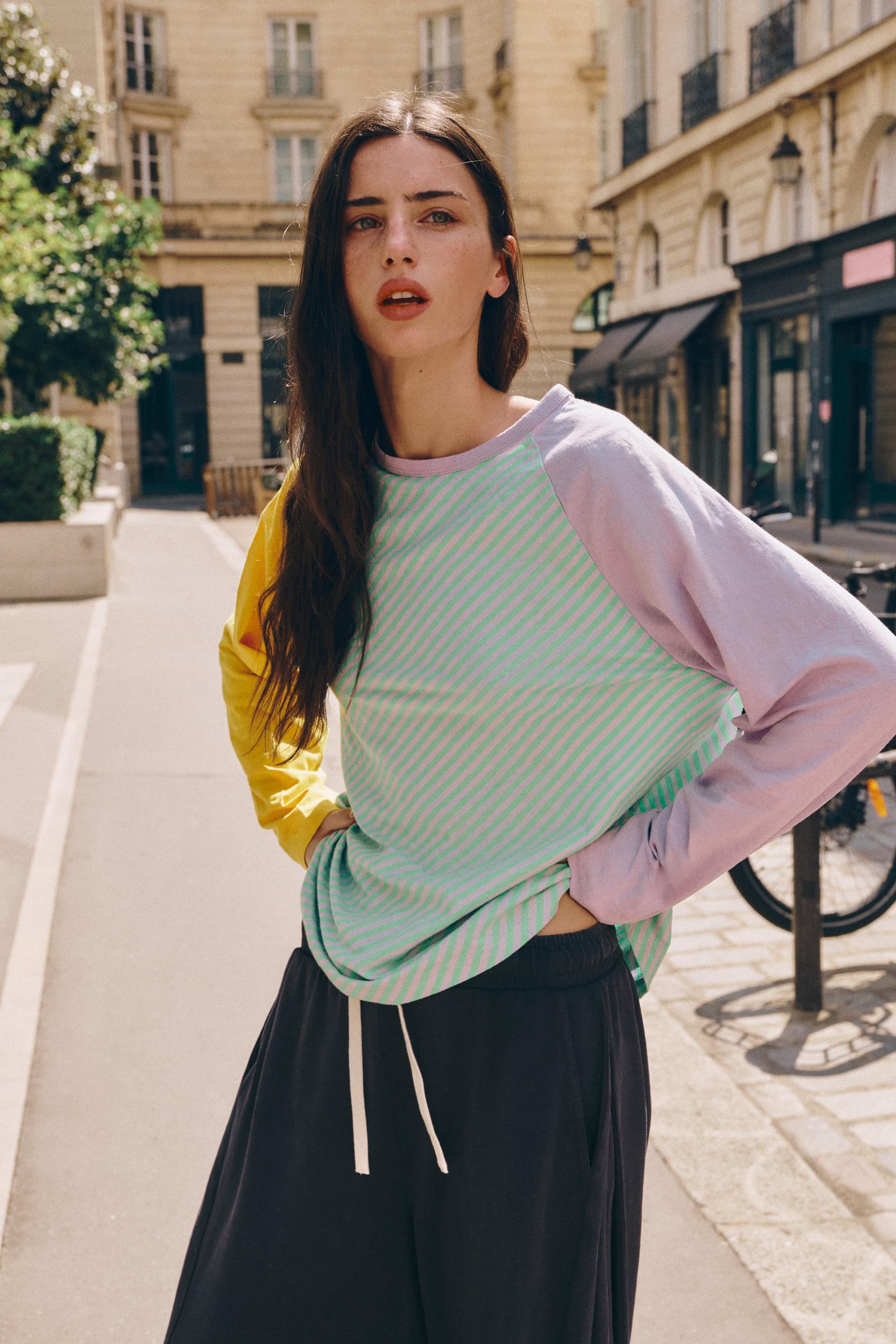 TRICOLOR COTTON AND LINEN T-SHIRT — Light green