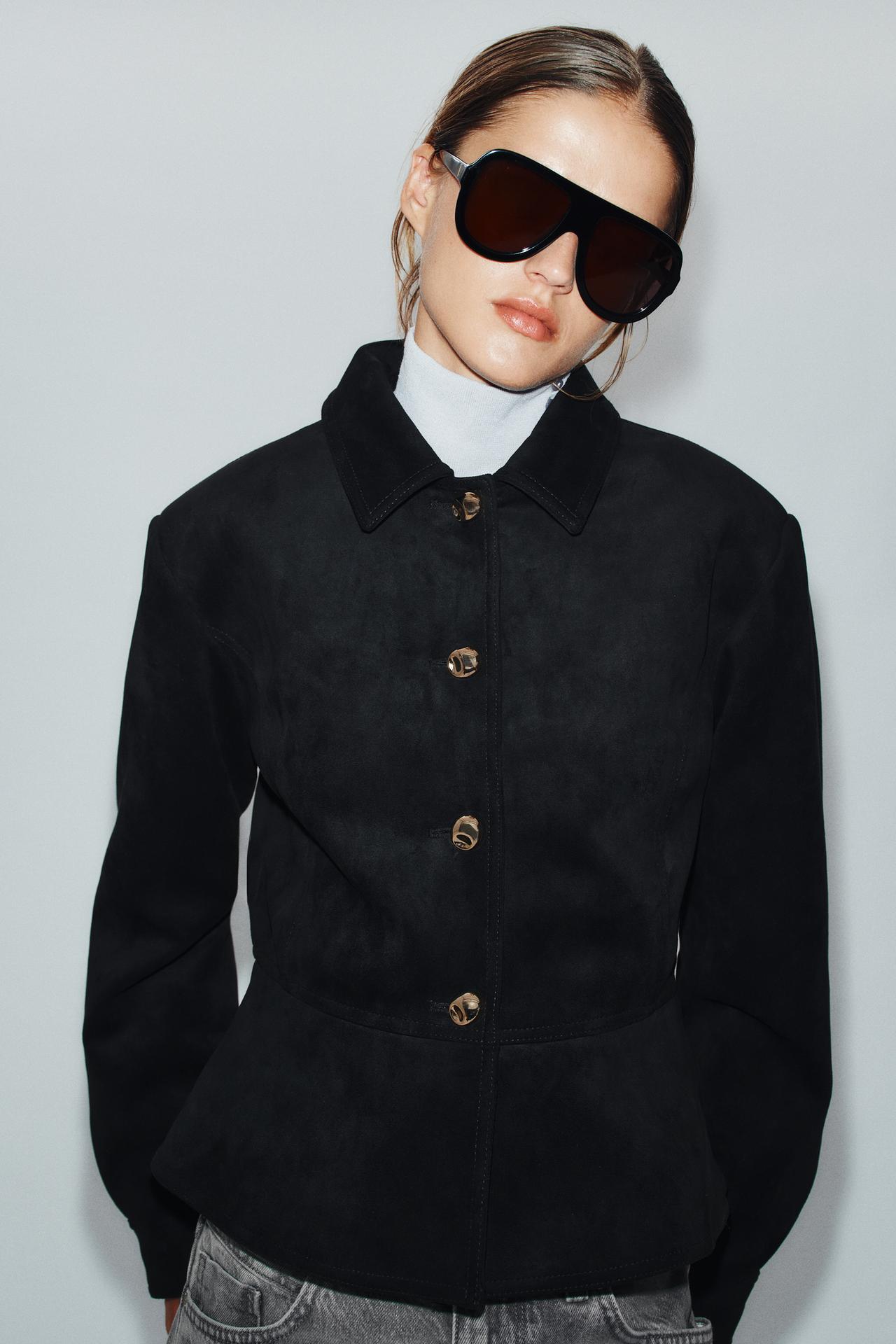 FAUX SUEDE JACKET WITH SHOULDER PADS — Black